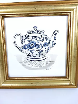 Martha Hinson Teapot Blue And White Porcelain Print Pencil Signed Framed • $29.75