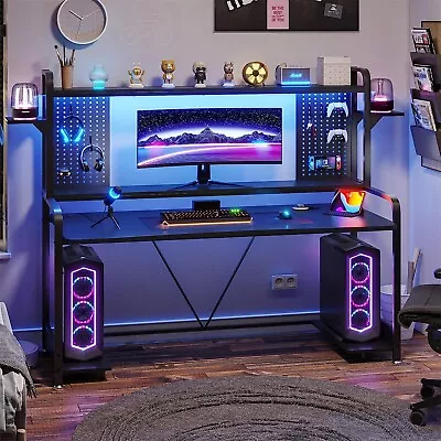 Gaming Desk 55  Computer Desk With Hutch And Shelves Gaming Desk With LED Lights • $169.99