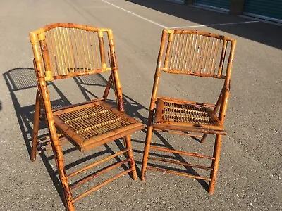 Tortoiseshell Bamboo Rattan Folding Chairs ~ Set Of 2.  Vintage • $115
