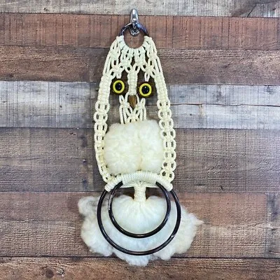 Vintage Macrame Owl Hanging Towel Holder White Yellow Bohemian Kitchen Wall Art • $40