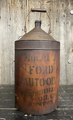 Rare Antique Early Model T FORD Underhay Motor Oil Wood Wrapped 5 Gal Can BOSTON • $1475