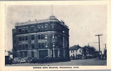 VINTAGE POSTCARD MONROE BANK BUILDING WOODSFIELD OHIO OLD CARS C. 1930 • $18.71