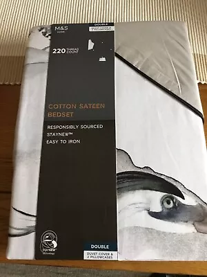 M & S Duvet Cover Set Double Grey Crane Print Reversible Pure Cotton Sateen Bnwt • £29.99