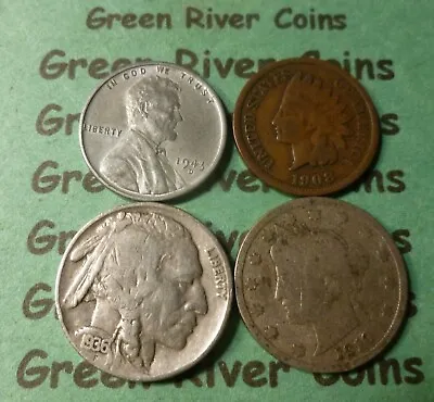 $6.99 • Buy Buffalo Nickel Liberty V Nickel, Indian Head Penny  1943 Steel Cent (4 Coin) Lot