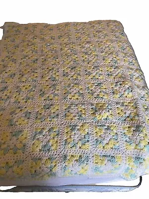 Granny Square Handmade Baby Afghan Crochet Baby Blanket Green Yellow White • $6