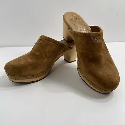 Women's Ugg Abbie Suede Sheepskin Studded Wood Platform Mule Clogs Brown Size 8 • $29.95