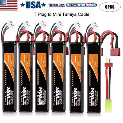 6x Airsoft 11.1V 1400mAh 30C LiPo Stick Battery With T Plug To Mini Tamiya Cable • $84.54