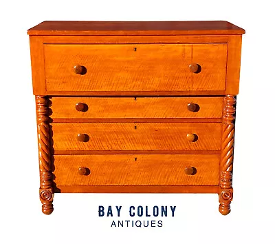 19th C Antique Sheraton Cherry & Tiger Maple Chest Of Drawers / Dresser • $3528