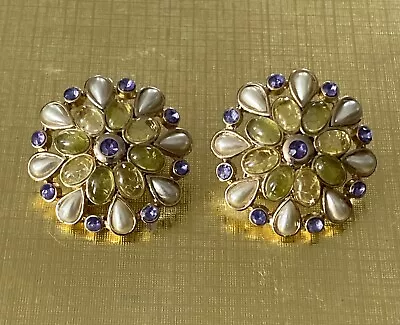 Vintage Signed Monet Gold Tone Purple And Green Stone Flower Clip On Earrings • $12.99