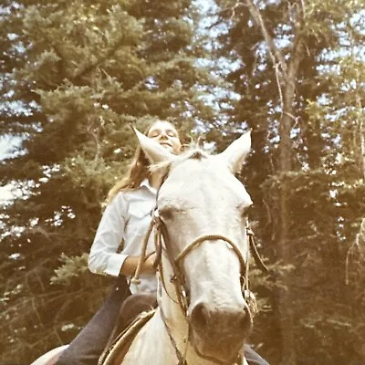 VINTAGE PHOTO 1970 Lovely Girl Riding A White Horse ORIGINAL Color Snapshot • $13.20