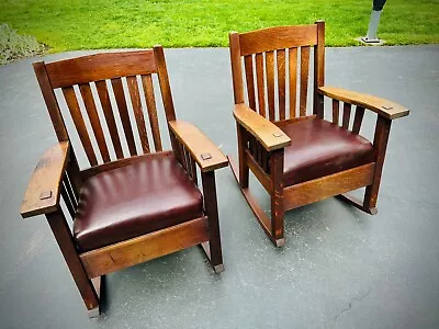 Stunning Pair | Harden  | Mission Arts & Crafts Rockers | Oak W Leather Seats • $2400