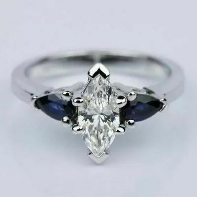 Marquise Cut Simulated Diamond Sapphire Engagement Ring In 14k White Gold Plated • $139.49