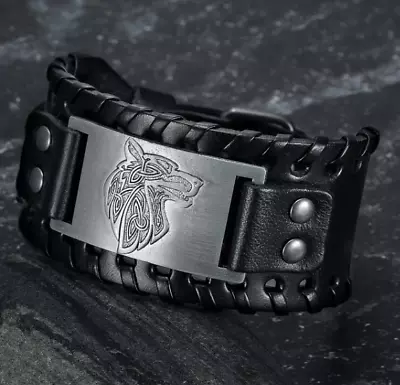 Wolf Bracelet - Handcrafted Leather Viking Fenrir Cuff With Alloy Accent • $19.50