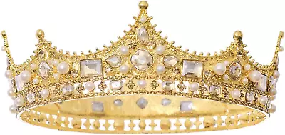 King Crown For Men Crystal Pearl Wedding Tiaras Birthday Party Round Crowns • $29.88