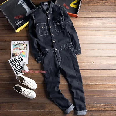 Mens Denim Jumpsuit Rompers Long Sleeve Jeans Coverall Overalls Pant Trousers • $58.42