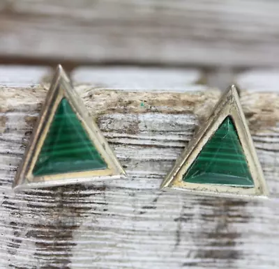 Vintage Malachite Triangle Sterling Silver Stud Earrings 925 Pretty Southwest • $26