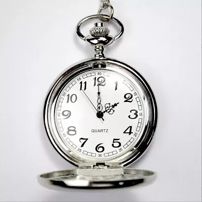 Mens Pocket Watch Quartz White Dial Stainless Steel Case Arabic Numerals Luxury~ • $6.97