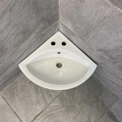 £29.99 • Buy Small Corner Basin Wall Mounted Hung Sink Cloakroom 2 Tap Holes 365mm