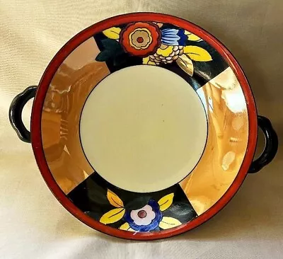 Noritake Art Deco 2 Handle Compote Tan Lustre Panels Large Bold Abstract Flowers • $29.95