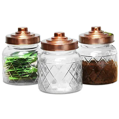 £10.95 • Buy 3 X Glass Storage Jars Copper Lids Tea Coffee Sugar Canisters Kitchen Containers