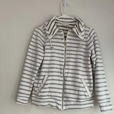 Michael Michael Kors White Light Gray Stripe Sweater Full Zip Gold Zip XS ITMH12 • $19.99