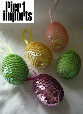 $10 • Buy PIER 1 Easter Sequin Pastel Color Egg Ornaments W/ Ribbon 1.25 X 2  (5 Ct) NWOT