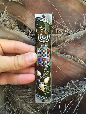  Enamel Door Mezuzah Decorated Case With Menorah Hoshen 12 Tribes Jerusalem 5`` • $31.50