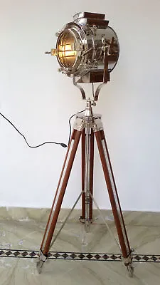 Hollywood Nautical Vintage Wooden Heavy Tripod Spotlight Big Light Floor Lamp  • $269.75