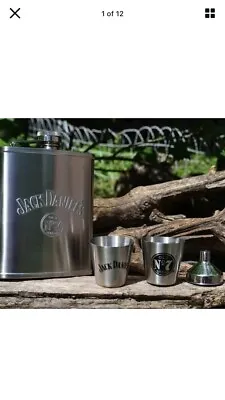 Jack Daniels 6 Oz Hip Flask - Shot Glass - Funnel - Set - Embossed - Old No. 7 • £38.57