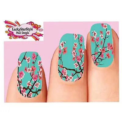 Waterslide Full Nail Decals Set Of 10 - Teal Cherry Blossoms Assorted • $2.40