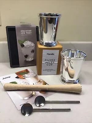 Marcellin Mint Julep Kit Silver-Plated Cups Crushed Ice Tray Muddler Spoon Straw • $45