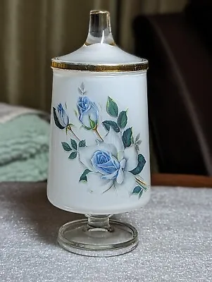 Vintage Blue Roses Apothecary Vanity Glass Jar Gold Trim Lid Pedestal Foot • $14