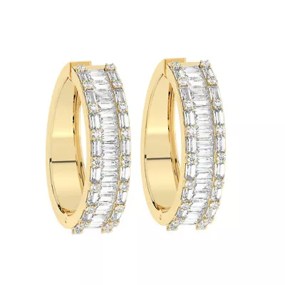 2 Ct 100% Natural Round & Baguette Cut Diamonds Hoop Earrings 18K Yellow Gold • £2679.04