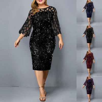 $41.98 • Buy Midi Women Elegant Dress Plus Size Short Sleeve Sequin Lace Evening Dresses