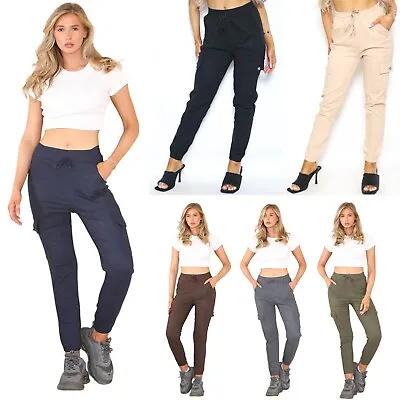 Women Ladies Magic Stretch Cargo Comfy Plain Joggers Button Pocket Trousers Pant • £12.99