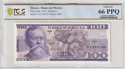 Mexico 1974 100 Pesos PCGS Certified Banknote Gem UNC 66 PPQ Pick 66a • $29.99