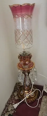 Antique Bohemian Cranberry Glass Girandole Lamp Crystal Glass Pendants Rare • $700