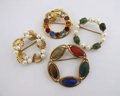 VTG Gold Filled Wreath Signed Brooch Pin Lot Of 4 Scarab Pearl Jade Crystal • $43.99