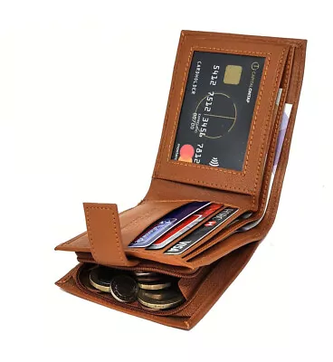 RFID BLOCKING Mens Real Tan Leather Wallet With Zip Coin Pocket & ID Window 44 • £7.95