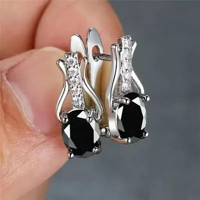 2Ct Oval Cut Lab-Created Black Spinel Hoop Pretty Earrings 14K White Gold Plated • $97.49