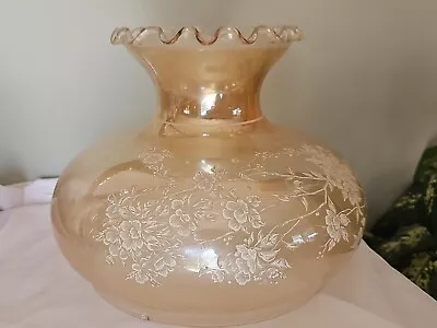 VTG Amber Glass Hurricane Lamp SHADE Iridescent White Floral 1971 DOGWOOD 10  • $65