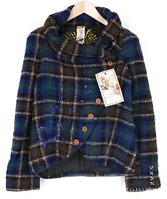 DESIGUAL Women Jacket 42 Blue Green Wool Blend Checked Pattern Single-Breasted • $128.15