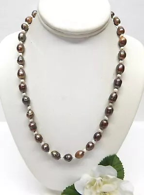 Silver Tone Hand Knotted Genuine Bronze & White Pearl Bead Necklace 20  • $6.99