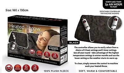 £39.49 • Buy Black Electric Heated Throw Soft Fleece Washable Over Blanket 160x130cm