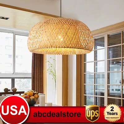 Vintage Bamboo Wicker Rattan Shade Pendant Light Hanging Fixture Ceiling Lamp • $39