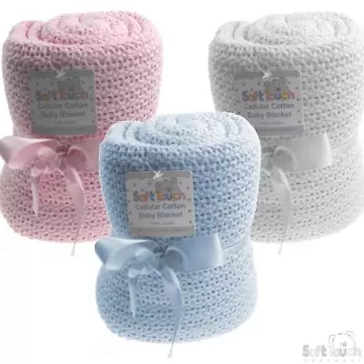 New Baby Shawl Blanket 100% Cotton Baby Blanket Pram Cot Blanket White Blue Pink • £7.99