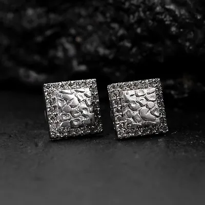 Mens Real 14K White Gold Square Nugget 0.28Ct Iced Natural Diamond Stud Earrings • $180.99