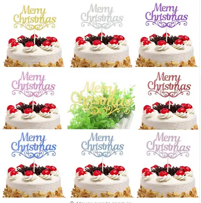 Merry Christmas Cake Topper With Glitter In Red Gold Silver Cake Decor Christmas • £2.49