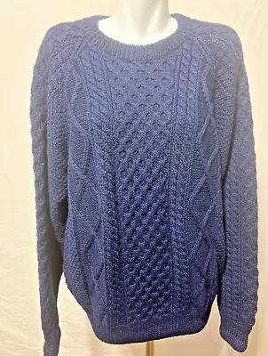 Maine Bay XL Navy Chunky Cable Knit Men Sweater Hand Knit 100% Wool EUC • $49.99