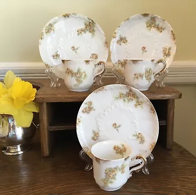 3 ANTIQUE C1891 Small Teacups & Saucers CH FIELD HAVILAND LIMOGES Yellow Roses • £37.06